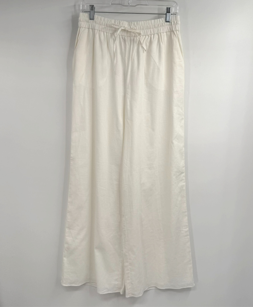 Wide Leg Drawstring Linen Pants in Cream